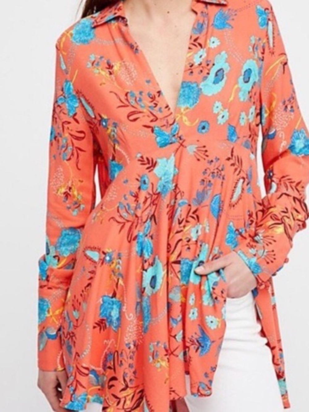 Free People Field of Butterflies Floral Hi Low Boho Tunic Top Peach XS